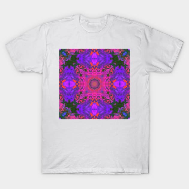 Psychedelic Kaleidoscope Square Purple Pink and Blue T-Shirt by WormholeOrbital